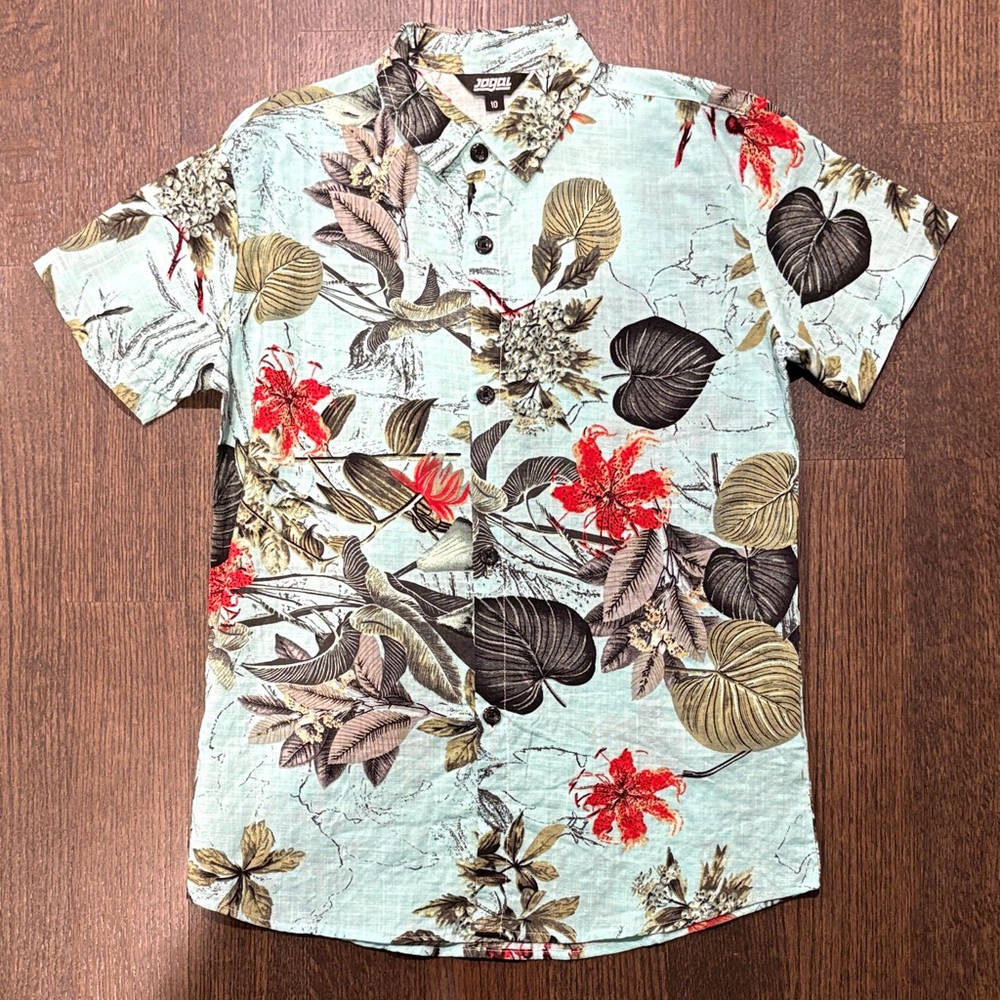 Jogal Youth Hawaiian Floral Button Down Shirt - Turquoise/Red - Youth Size 10